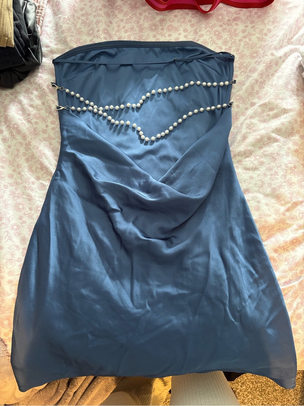 Lucy in the Sky Strapless Blue Satin Dress with Pearl Trim